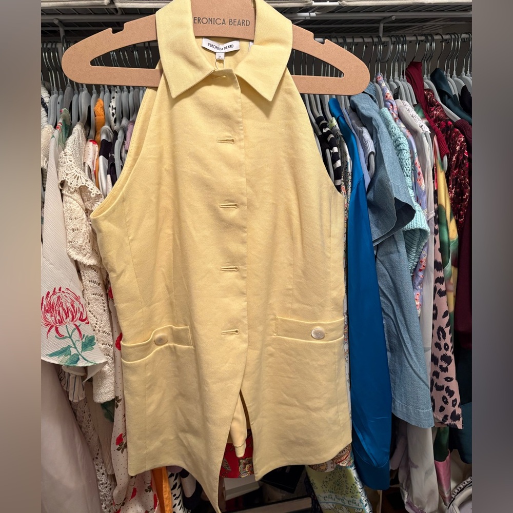 New VERONICA BEARD Orlinda Halter Neck Linen Vest in Pale Yellow
